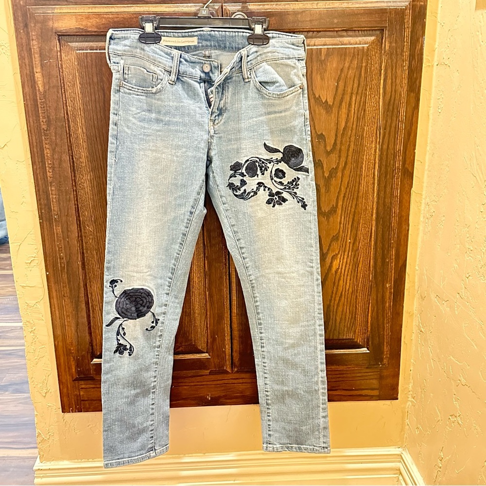 Pilcro and the Letterpress Light Blue Jeans with Blue Embroidery